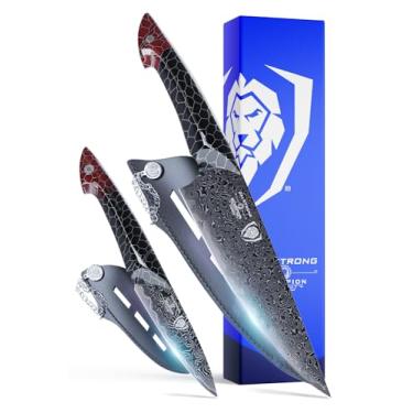 Imagem de Dalstrong Conjunto de 2 facas - faca de chef 20 cm + faca de descascar 10 cm - Série Scorpion Hellfire - Japonesa V12 Ultra Aço Damasco Preto - Cabo de resina favo de mel preto e vermelho - Bainha de