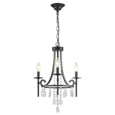 Imagem de ANJIADENGSHI Mini lustre de cristal, roda de vagão de 3 luzes, candelabro de casa de fazenda, luz preta moderna, luminária pendente de cristal para quarto, corredor, bar, cozinha, jantar, sala de