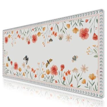 Imagem de AIMSA Tapete de mesa para teclado e mouse, lindo tapete de mesa para mesa, tapete de mouse grande antiderrapante branco, tapete de teclado com borda costurada, tapete de mesa floral para escritório e