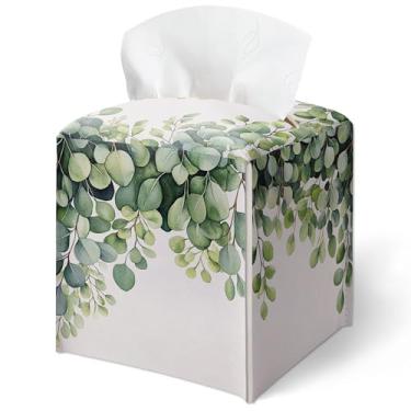 Imagem de Capa de caixa de lenços de papel aquarela folhagem verde, folhas de eucalipto, capa quadrada à prova d'água, decoração de mesa para sala de estar, escritório, decoração de casa estética, presente para