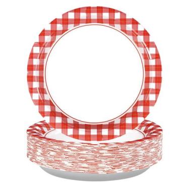 Imagem de Pratos de papel grencian, 50 unidades, guingão vermelho, 23 cm para fe