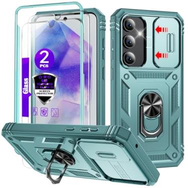 Imagem de YmhxcY Capa para Galaxy A55 5G com capa deslizante para câmera, 2 películas de vidro temperado, suporte de anel giratório de 360°, capa protetora de grau militar para Galaxy A55 5G 6,6 polegadas