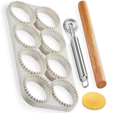 Imagem de Conjunto de moldes de prensa de ravioli – Cortador de carimbos redondos de ravioli com rolo de madeira e roda de ravioli, ferramentas para fazer macarrão com carimbo de ravioli | Faz 8 ravioli