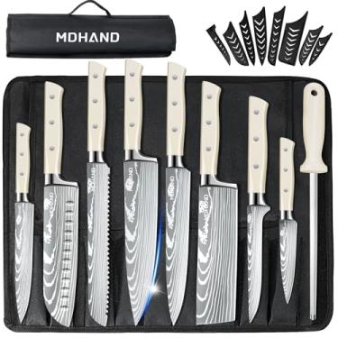 Imagem de MDHAND Conjunto De Facas Chef Profissional Com Bolsa Para Enrolar, 9 Peças Afiador Cozinha Japonês, Aço Inoxidável Alto Carbono - Rebite Triplo Forjado, Lavável Na Máquina Lavar Louça, Presentes, Br