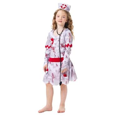 Imagem de EJWCIG Girls Scary Zombie Nurse Costume 3PCS Bloody Dress with Hat Stethoscope Halloween Cosplay Killer Corpse Costumes (Medium)