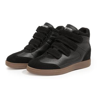 Imagem de LUCKY STEP Tênis feminino de cano alto, casual, altura oculta, palmilha com sola de borracha, cano baixo, gancho e laço, Preto, 36