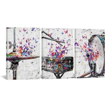 Imagem de KREATIVE ARTS Conjunto de 3 peças de arte de parede de tambor de borboleta 40,6 x 61 cm cada decoração musical abstrata colorida para sala de estar, quarto e escritório, pronto para pendurar