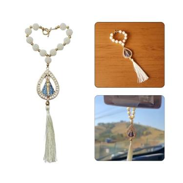 Imagem de Terço Dezena Retrovisor Carro Nossa Senhora Aparecida Acessórios Bolsa Mochila Oratório (1, 1 NS Aparecida - Amora Pérola - Strass Azul)