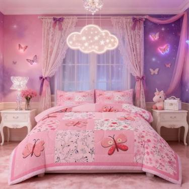 Imagem de Feelyou Conjunto de edredom casal de borboleta rosa para crianças, meninos, meninas, jardim, floral, decoração de quarto de microfibra, 3 peças com 2 fronhas