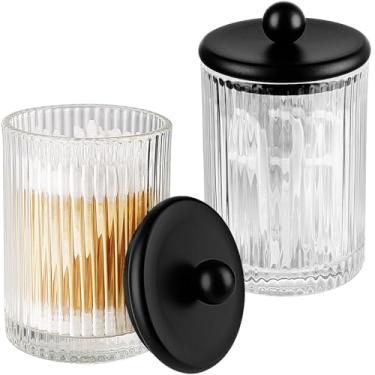 Imagem de SheeChung Dispensador de suporte Qtip 2 unidades, frascos de boticário de vidro com tampas, vasilhas de bancada para banheiro de hóspedes - Organizador de vaidade para algodão redondo/bolas/blocos