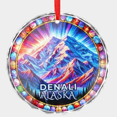 Imagem de Ornamento de vidro de cristal Denali Alasca – paisagem de montanha estilo vitral impresso redondo plano – 7,6 cm disco de cristal chanfrado lembrança de viagem enfeite de Natal
