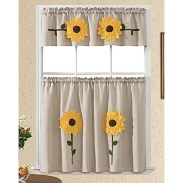 Imagem de Muito girassol ensolarado. Conjunto de cortina de café de cozinha com 3 peças, saia reta e conjunto de camadas. Bordado com aplique de girassol 3D grande (amarelo 3D)