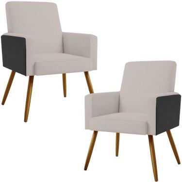 Imagem de Kit 02 Poltronas Decorativa Maria W01 Pés Palito Linho Bege Couríssimo Preto - Lyam Decor