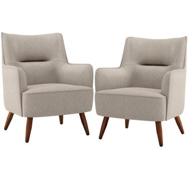 Imagem de Kit 02 Poltronas Decorativa Fixa Pés de Madeira Isabella D02 Linho Bege C-107 - Lyam Decor