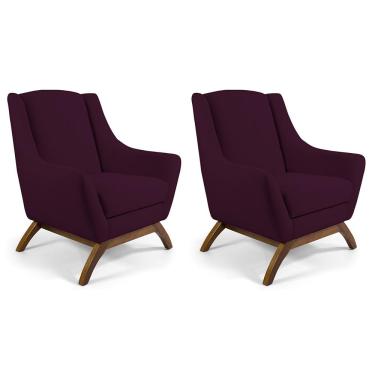 Imagem de Kit 02 Poltronas Decorativa Fixa Base de Madeira Juliet D02 Veludo Roxo Grape C-292 - Lyam Decor