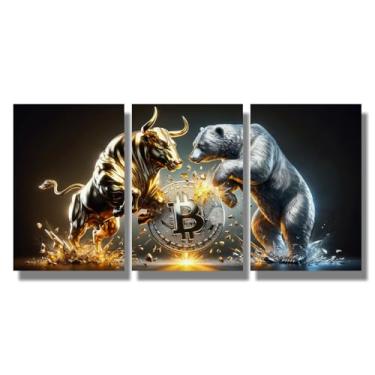 Imagem de Arte de parede motivacional impressão em tela conceito de mercado de touro em ouro e preto decoração de escritório 3 peças impressões emolduradas citação empreendedor decoração emoldurada pronta para