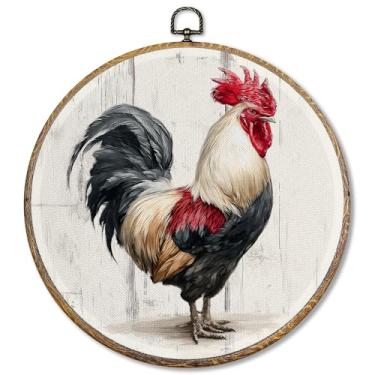 Imagem de Pugwak Decoração de parede redonda de galinha de fazenda vintage, arte em tela de animais de fazenda rústica emoldurada, arte de galo de galo country decoração de pendurar na parede para casa, quarto