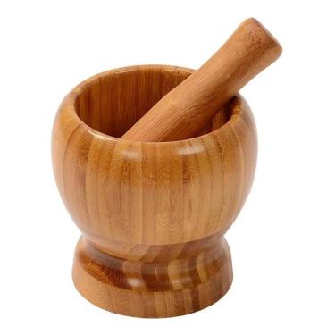 Imagem de Pilão Com Socador Madeira Bambu Alho Pimenta Condimentos