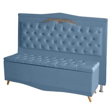 Imagem de Kit Cabeceira De Cama Box E Calçadeira Baú Madri Queen 160 Cm Suede Azul Bebê Eli Móveis E Decoração