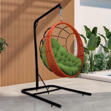 Imagem de Cadeira Balanço Ninho Suspenso Em Corda Náutica Luxo Com Suporte Ocre-verde
