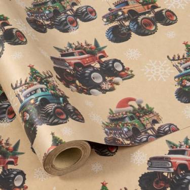 Imagem de RUSPEPA Kraft Monster Truck Rolo de papel de embrulho de Natal, mini rolo, caminhões decorados para férias e design de floco de neve, embrulho de presente kraft para crianças, meninos, presentes de