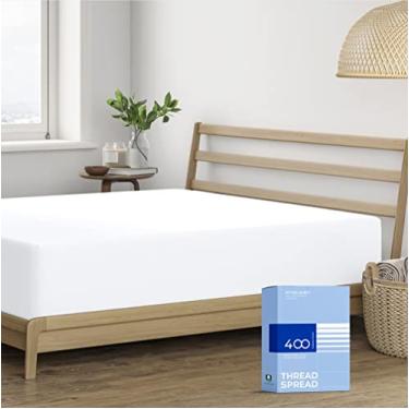 Imagem de THREAD SPREAD Lençol 100% algodão casal - lençol com elástico de 400 fios 40,6 cm com bolso profundo de 40,6 cm, refrescante, tecido de cetim durável, não solta lençol de baixo para adultos - branco