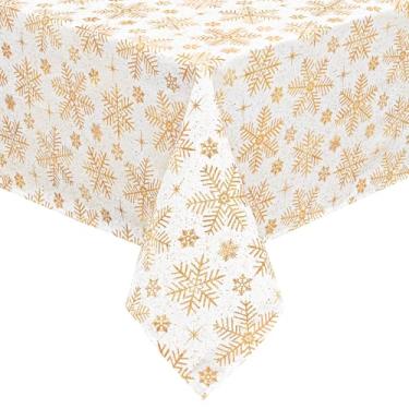 Imagem de Likiyol Toalha de mesa de Natal 152 x 300 cm dourada floco de neve toalha de mesa retangular para férias de Natal, capa de mesa impermeável para cozinha, jantar, festa, decoração de Natal, branca
