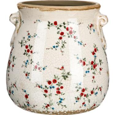 Imagem de Ninehaoou Vaso floral de cerâmica com furos de drenagem, vaso de flores vintage, vaso de flores rústico, para plantas de interior, jardim, casa, decoração (leite)