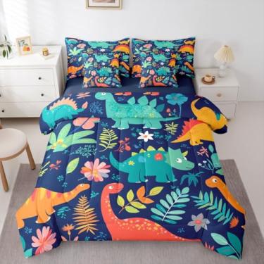 Imagem de Erosebridal Jogo de cama solteiro com desenho de dinossauro, 7 peças, lençol com estampa de folhas de palmeira, tricerátopo fofo, tema de dinossauro, para crianças, meninos e meninas