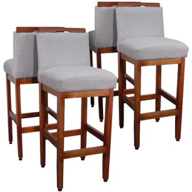 Imagem de Kit 4 Banquetas Altas 75cm Madeira Maciça Eucalipto Estofada Tecido Li