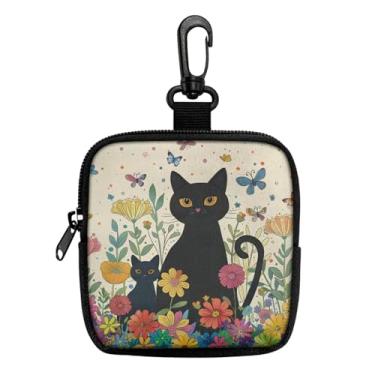 Imagem de Mini porta-moedas porta-chaves bolsa portátil para chaves, moedas, fone de ouvido, batom, porta-cartões, organizador de cabos, bolsa com zíper, acessórios, Flor de gato preta, Porta-moedas