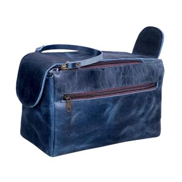 Imagem de PRASTARA Bolsa de Higiene Pessoal de Couro para Homens, Essenciais de Viagem Kit de Barbear Organizador de Artigos de Higiene Pessoal de Banheiro, Bolsa de Maquiagem Cosmética para Mulheres (Azul