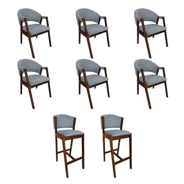 Imagem de Kit 6 Cadeiras De Jantar Helen Com 2 Banquetas Ana Madeira Maciça Premium Linho Cinza