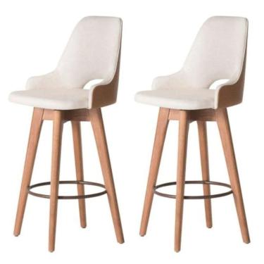 Imagem de Kit 02 Banquetas Alta Giratória Com Encosto Lary Para Cozinha Composê Sintético Nozes E Linho Bege - Aurora Line