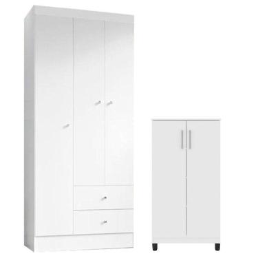 Imagem de Guarda Roupa Solteiro Versa 3 Portas Branco Rosa Fosco Com Armário Multiuso Brisa Branco Fosco - Kits Paraná
