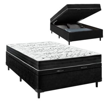 Imagem de Cama Box Baú Casal Sintético Preto Colchão De Espuma Semi Ortopédica Extra Firme 80kg