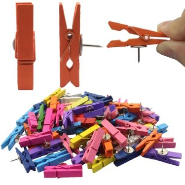 Imagem de Hordion 100 peças de clipes de pressão de madeira, clipes de madeira coloridos com prendedores de polegar prendedor de roupa para quadro de avisos, fotos, notas, calendários, projetos artísticos