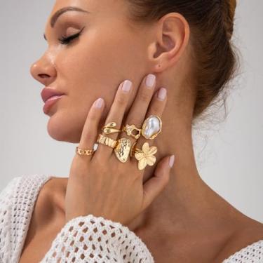 Imagem de Conjunto de anéis de flores empilháveis ajustáveis elegantes para mulheres, presentes de amizade, presentes para mulheres, dia dos namorados, Medium, Latão, Sem pedra preciosa