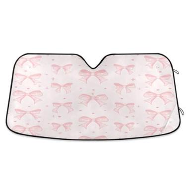 Imagem de ATTX Pára-brisas de carro com laço de fita rosa 144.8 cm x 80.0 cm escudo solar universal com proteção UV, persiana de janela frontal automática dobrável para caminhões Sedans SUVs #248