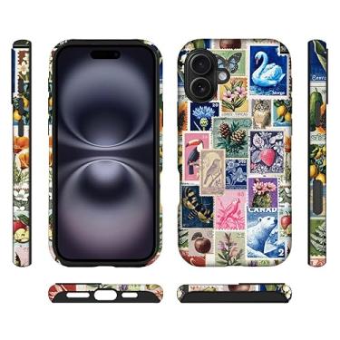 Imagem de ilikediy Capa híbrida para iPhone 16 Plus com 2 camadas rígidas de silicone com estampa protetora - colagem de carimbo retrô