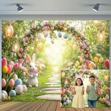 Imagem de 2,1 x 1,5 m Primavera Feliz Páscoa Pano de Fundo Encantado Jardim Arco Floresta Floral Ovos Coloridos Borboleta Coelho Fotografia Fundo de Conto de Fadas País das Maravilhas Festa de Páscoa Adereços