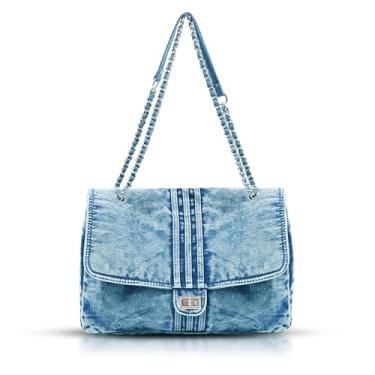 Imagem de QTKJ Bolsa jeans, bolsa de ombro, bolsa de mão macia, bolsa vintage para mulheres, férias, viagem, combinação diária, Azul, One Size