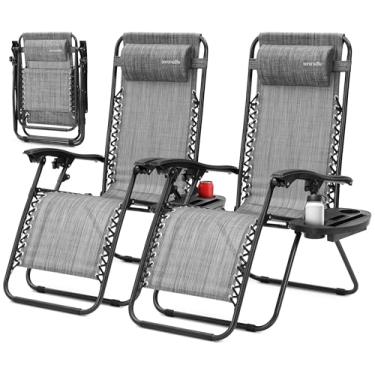 Imagem de SereneLife Conjunto de 2 cadeiras com gravidade zero – cadeiras de gramado ajustáveis de malha de aço – espreguiçadeiras externas com suporte removível – Cadeira dobrável para uso ao ar livre com