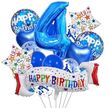 Imagem de Conjunto de decoração de 4º aniversário, 4º balão de coração azul, balão colorido de feliz aniversário de 4 anos para meninas, meninos, crianças, adultos, artigos de festa, meninos azul número 4