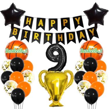 Imagem de Balão esportivo preto 9 anos, decoração esportiva de 9 anos, 9º aniversário, troféu de basquete, 9 balões, tema esportivo de basquete dourado, decoração de festa para crianças, meninos, decoração de