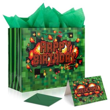 Imagem de Conjunto Sacolas Lembrancinhas Pixel Party, Sacolas para Doces e Guloseimas com Tema de Videogame Cartão de Aniversário Envelope e Papel Seda, para Festa Aniversário Infantil Temática