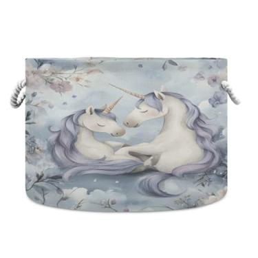 Imagem de JUZIHAI Cesta de armazenamento dobrável de unicórnio, cesto de roupa suja para bebê, cobertor com alças de corda de algodão, caixa organizadora de armário dobrável para quarto, berçário, casa, 50 x 35