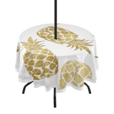 Imagem de Qilmy Toalha de mesa redonda impermeável de abacaxi de 152 cm com orifício para guarda-chuva e zíper – uso externo / interno resistente para pátio, churrascos, piqueniques, festas (serve para mesas