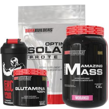 Imagem de Kit Optimum Isolate Whey Protein 2kg Morango + Hiper amazing 1,5kg + Glutamina 300g + Coqueteleira + Bodybuilders