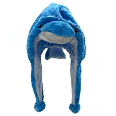 Imagem de Bioterti Chapéus de pelúcia divertidos de animal tamanho único poliéster com forro de lã (golfinho azul)